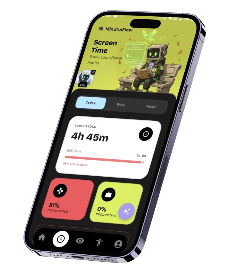 MindfulFlow Home Dashboard and Screen Time UI